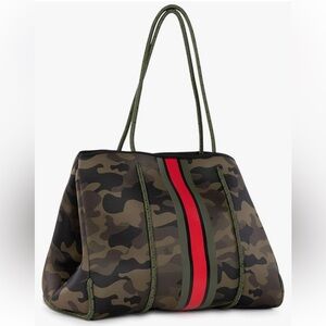 Haute Shore Greyson Soho Camouflage Neoprene Tote Bag Red Stripe Shoulder Bag